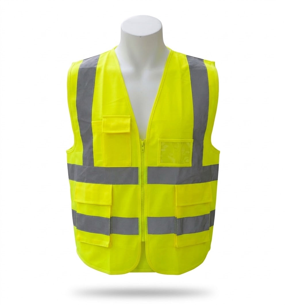 Chaleco de alta visibilidad amarillo con bandas reflejantes, unitalla
